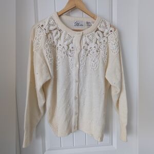 Vintage Ivory Angora Blend Cardigan Lace And Pearl Beading Size Large